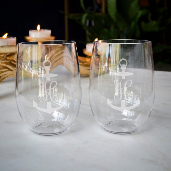 Anchor Monogram Stemless Champagne Flutes & Wine Glasses