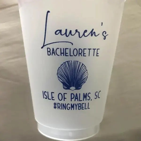 A white plastic cup with text and a graphic printed on it.
