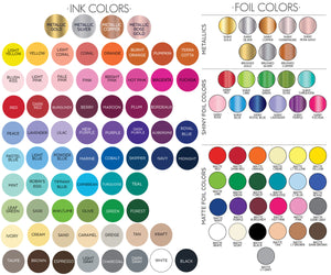 The image is a color palette and foil color chart, displaying a variety of metallic and matte colors in a grid format.