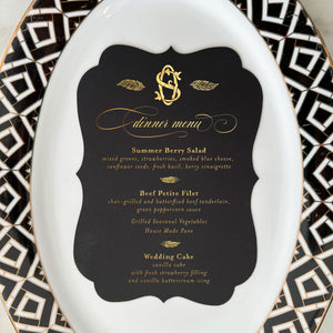 Black and Gold Foil Printed Wedding Reception Dinner Menus