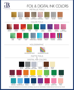 a collection of various metallic foils and digital ink colors, including metallic foils and digital ink colors.