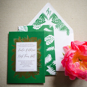 Striking Palm Leaf Goil Foil Printed Wedding Invitations