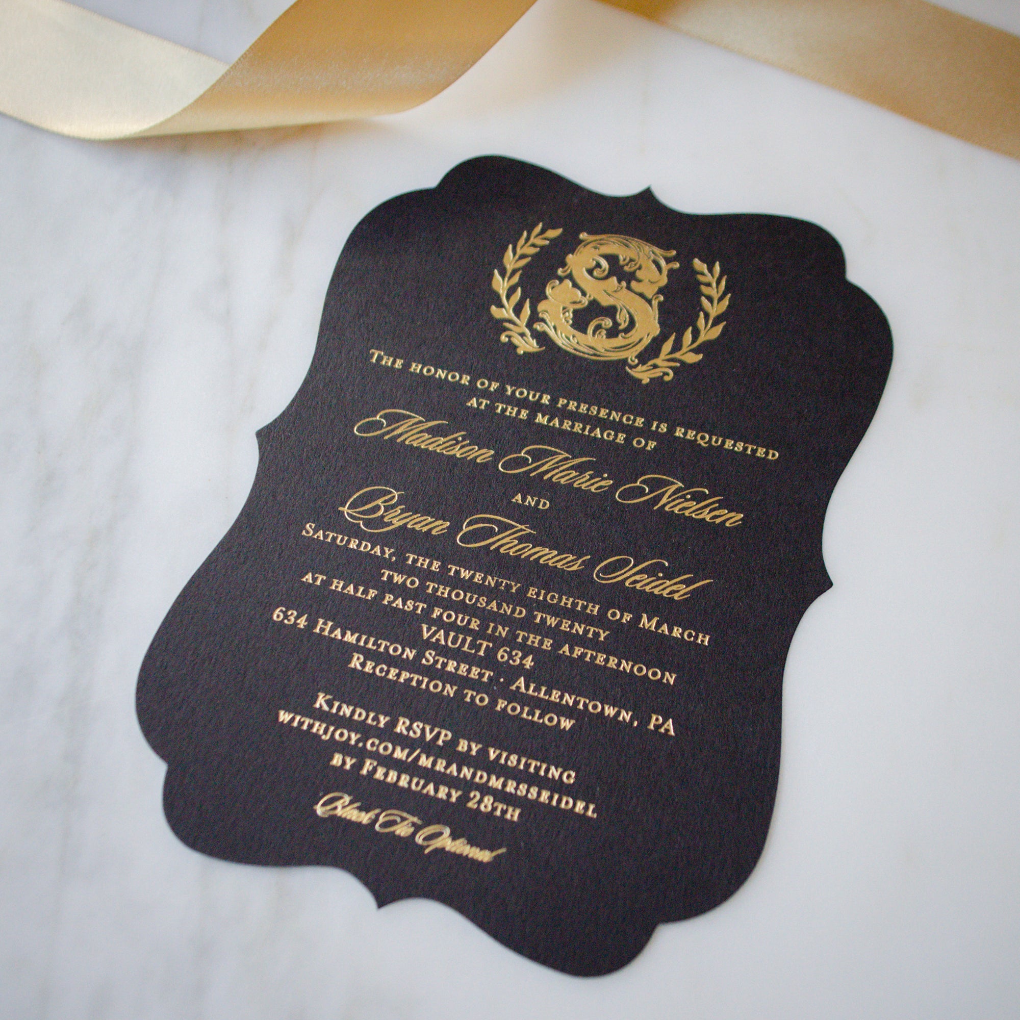 Black & Gold Foil Crest Invitations - GB Design House