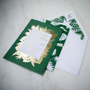 Striking Palm Leaf Goil Foil Printed Wedding Invitations