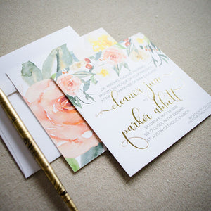 Blooming Watercolor Foil Printed Wedding Invitations
