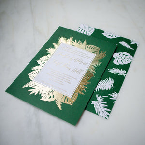 Striking Palm Leaf Goil Foil Printed Wedding Invitations