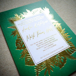 Striking Palm Leaf Goil Foil Printed Wedding Invitations