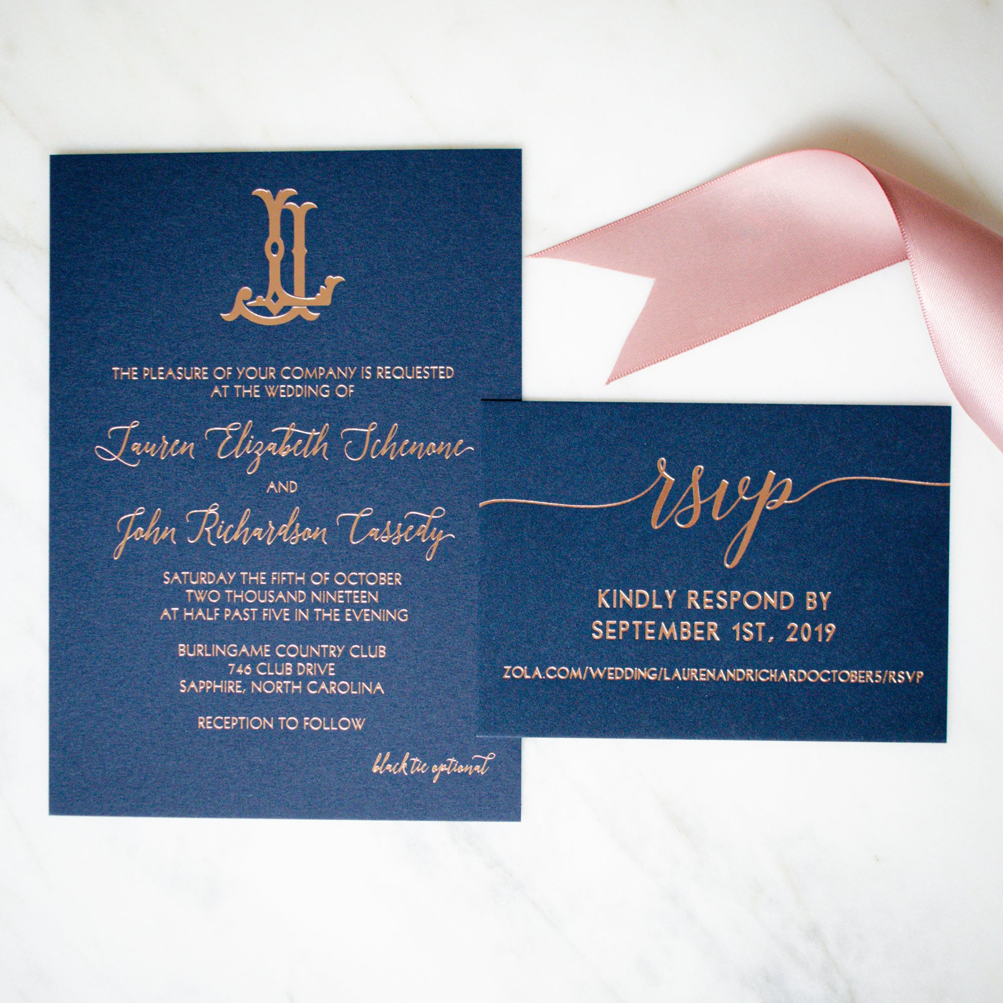 Navy Blue Monogram Wedding Invitation With RSVP and Reception 